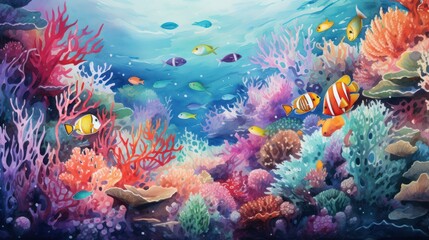 Naklejka na ściany i meble Vibrant underwater scene with diverse coral and tropical fish