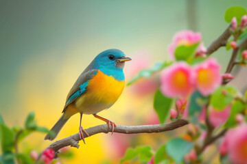 Fototapeta premium a colorful bird perched on a branch in a natural outdoor setting. It showcases the vibrant feathers and the bird's interaction with its environment. The bird its vibrant feathers are prominently 