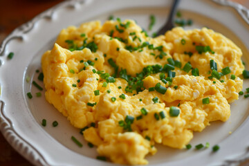 Scrambled egg in shape of heart on white plate top view