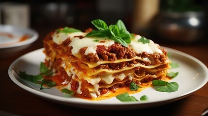 Delicious layered lasagna garnished with fresh basil on a white plate