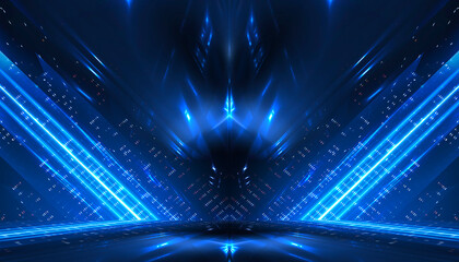 Abstract scene from rays of light with stairs, blue neon, spotlights.