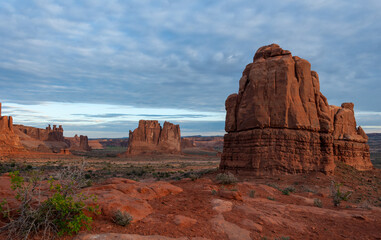 Fototapeta na wymiar Sandstone formations seen from La Sal Mountains Viewpoint, Arches National Park