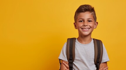 Happy smiling 10 year-old mixed race boy with backpack and books ready to go to school isolated on yellow background with copy spcae