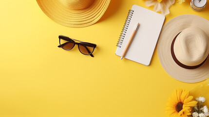 planning summer holidays trip and vacation on yellow background - obrazy, fototapety, plakaty