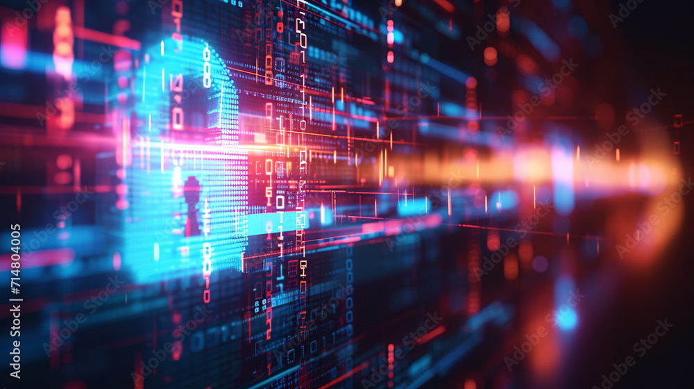 Poster a 3d rendering of a digital fortress symbolizing cybersecurity, secure software development, blurred