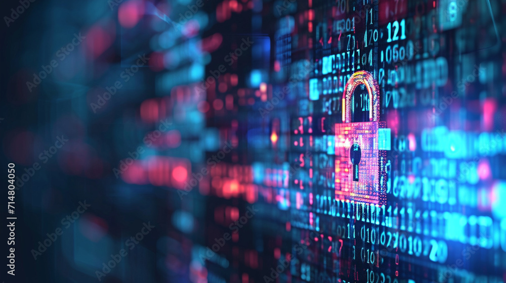 Poster a conceptual image of a digital lock integrated into code, secure software development, blurred back