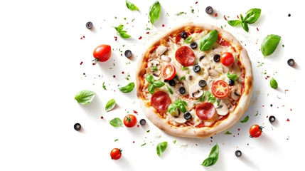 Foto op Plexiglas Pizza fly. Flying ingredients with pizza dough on a white background with shadow  © PNG