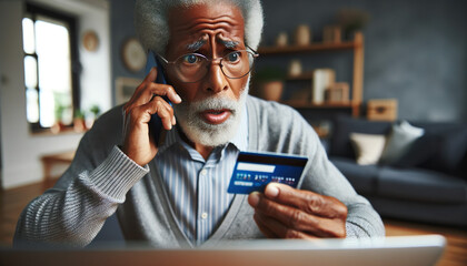 An Elderly African American man enters his credit card information online via his laptop connected...
