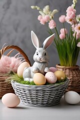 Wicker basket with Easter eggs and a decorative figurine of the Easter bunny.
