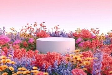 3d render platform and Natural podium background on colorful flowes field for product display, Blank showcase, mock up template or cosmetic presentation with empty round stage. generative ai.