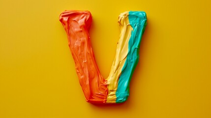 the letter V on a yellow background is sculpted in orange, yellow and green plasticine