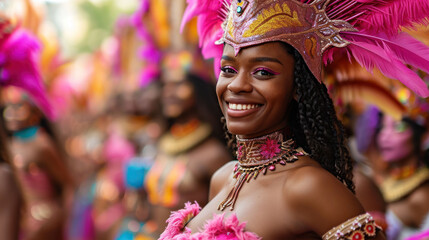 beautiful girl samba dancers in colorful costumes performing at the carnival in rio de janeiro,...