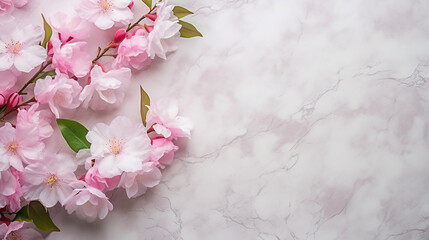 marble background with beautiful flowers composition white and pink flowers