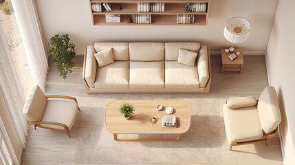 beige living room interior with furniture and window in sunlight
