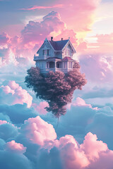 A fantasy house above clouds in the sky
