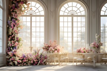 Fototapeta na wymiar Background wedding luxurious white room with flowers generate AI