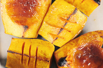 baked pumpkin with strawberry jam