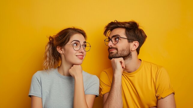 Image of happy young people man and woman in basic clothing thinking and touching chin while looking aside, isolated over yellow background