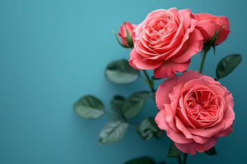 Fototapeta premium Blue Serenity: Composition of Rose Flowers Against a Tranquil Blue Background, Evoking a Floral Symphony