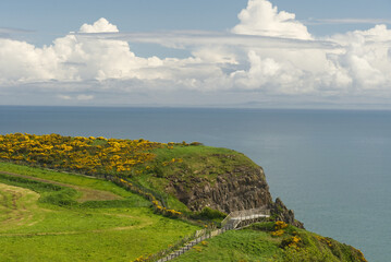 Aussichtspinkt am Gobbins Cliff mit Felder und wiesen und Blick in den Horizont vom Nordkanal