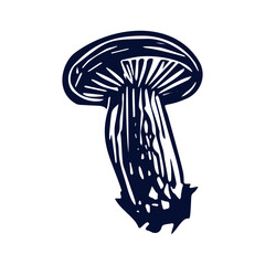 Handmade blockprint mushroom vector motif clipart in folkart scandi style. Simple monochrome linocut fungi shapes with naive rural lineart.