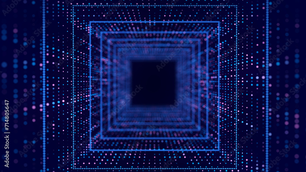 Poster technology wireframe square tunnel on blue background. futuristic 3d wormhole grid. big data visuali
