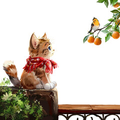 A fluffy kitten in a scarf, a small bird, and oranges