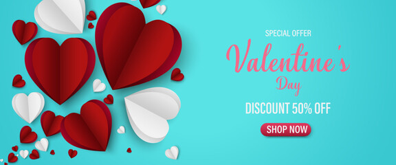 Naklejka na ściany i meble Valentine's day Background with Heart shape Paper cut. Vector illustration. Creative design for sale concept, voucher template, posters, brochure. blue banner party invitation template.