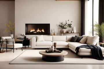 Japandia interior home design of modern living room with beige sofa and round wooden table with fireplace and wooden furniture near the window