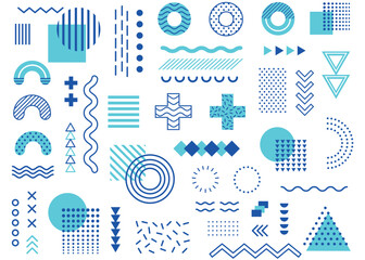 Memphis geometric abstract background. Modern, hipster pattern with geometric figures, halftone dots, graphic lines for tissue, wallpapers and postcards. Blue and golden colors. Style 80s, 90s. Vector