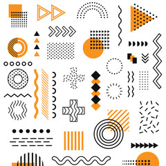Set of 100 geometric shapes. Memphis design, retro elements for web, vintage, advertisement, commercial banner, poster, leaflet, billboard, sale. Collection trendy halftone vector geometric shapes.