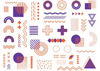 Set of 100 geometric shapes. Mega set of memphis design elements, template for your project. Collection trendy halftone vector geometric shapes.