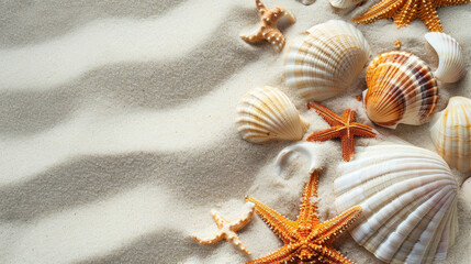 Fototapeta na wymiar Sea shells with white sand. Tropical background