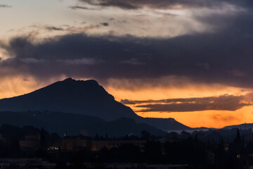 the Sainte Victoire mountain in the light of a cloudy winter morning