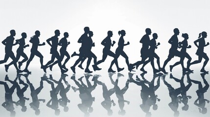 Marathon run. Group of running people, men and women. Isolated vector silhouettes
