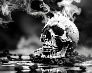 The grim reality of smoking represented by the image of a smoking skull. Black and white image. Copy space - obrazy, fototapety, plakaty