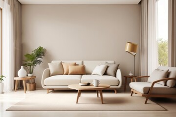 Fototapeta premium Japandi interior home design of modern living room with beige sofa and wooden furniture and houseplants on the beige wall of the copy space