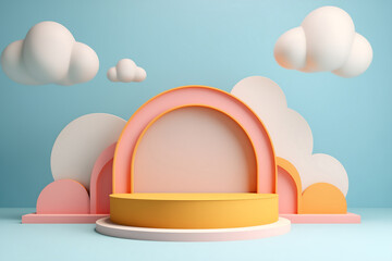 Minimal scene with podium, sky and clouds. 3d render.