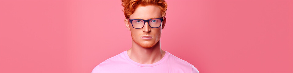 Fototapeta na wymiar Handsome ginger man isolated on pink background