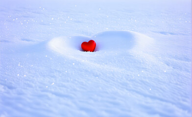 A red heart on the snowfield, background, Valentine's Day, Christmas. Generative AI
