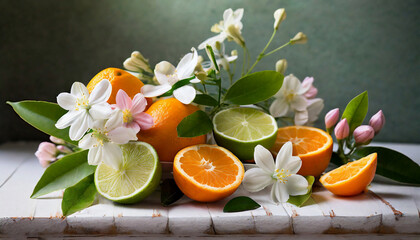 Still life with flowers, lime and oranges. Beautiful arrangement with floral blossom and citruses. 