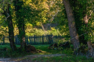 wooden fence of a yard on a farm in the forests of the mountains of the Western Caucasus (South Russia) on a sunny day in late summer