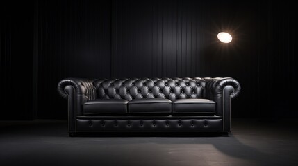 Black Leather Sofa In A Dark Room Background luxury style concept	