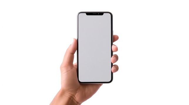 View fornt a hand holding smart phone with blank screen, isolated on white background. mock up smartphone.	