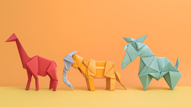  Colorful Origami Animals on Orange Background: Paper Craft Giraffe, Elephant, and Unicorn