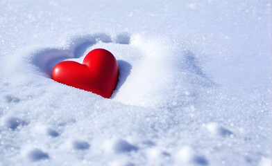 Fototapeta premium A red heart on the snowfield, background, Valentine's Day, Christmas. Generative AI