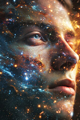 A close up of a man face blended with galaxy