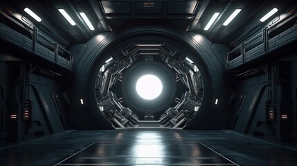 Dark background fiction interior room sci-fi spaceship corridors with light neon yellow. 3D rendering	