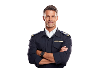 A confident male pilot in uniform keeping arms crossed and smiling while standing isolated on a transparent background.