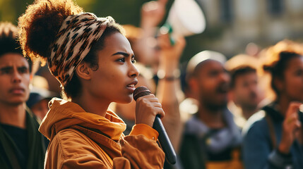 A person engaged in public speaking holding microphones, advocating for social justice and equality